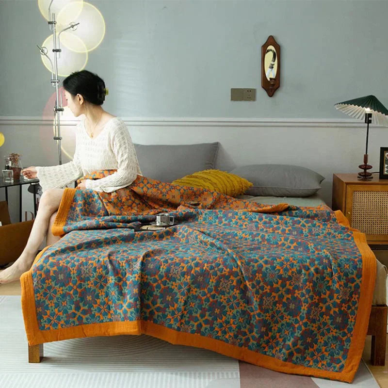 ColorWeave – Sechslagige Baumwollsteppdecke Muster orange-blau – Warm – Bolendo