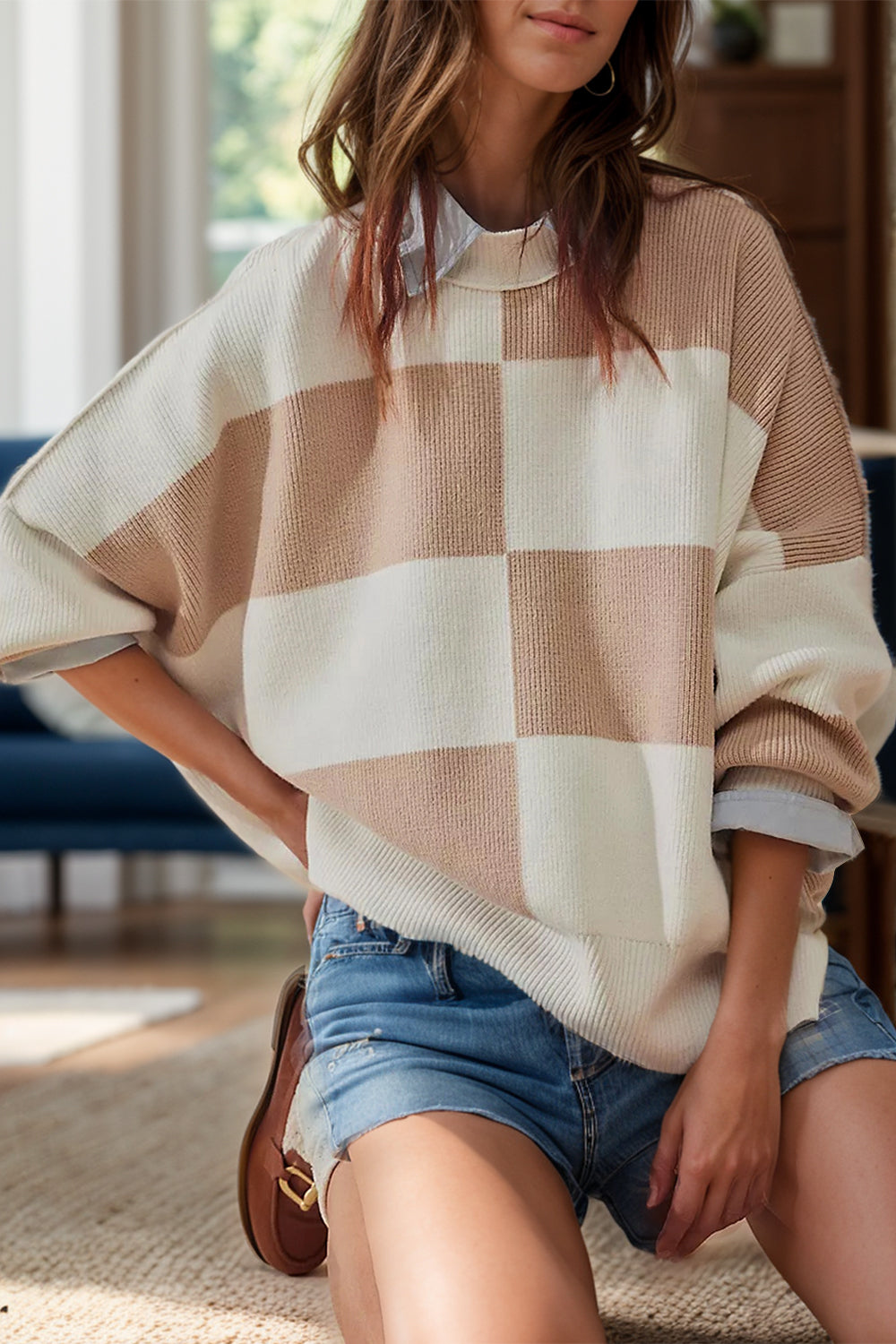 Farbblock-rundhals-pullover med lange ærmer - moderigtig pullover