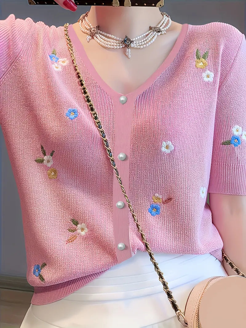 Rita - Maglione con motivo floreale e chiusura con bottoni per un look elegante