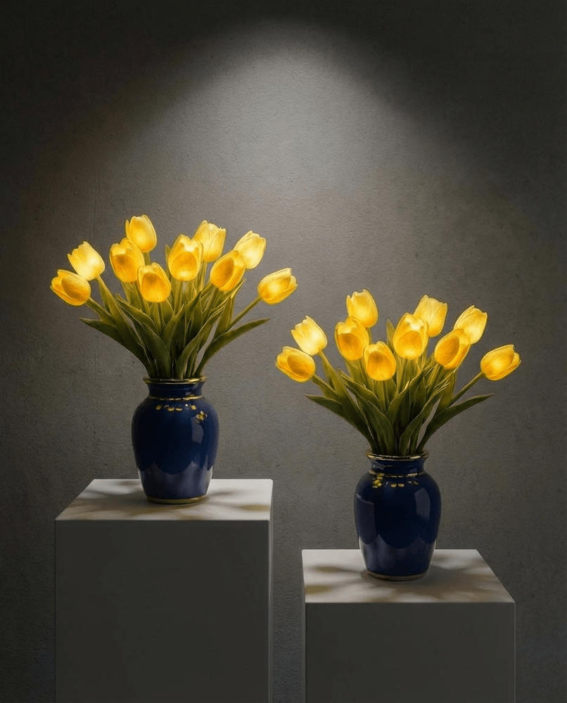 Lampa s kyticí tulipánů a LED - umělé tulipány s teplým světlem ve čtyřech barvách