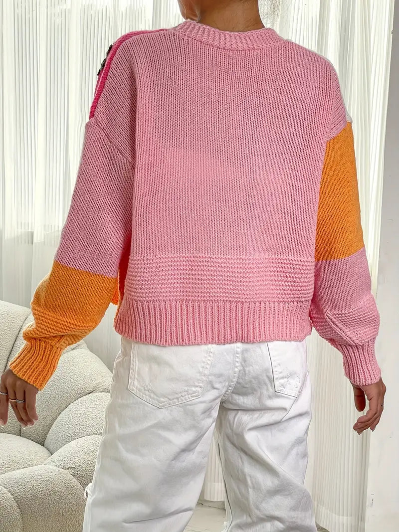 Willa | Cardigan élégant en tricot avec broderie de fruits et design à blocs de couleur