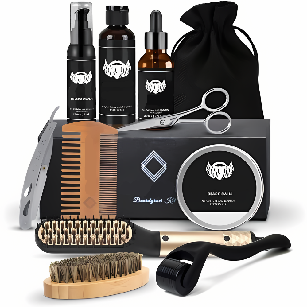 Set per la cura della barba con spazzola per barba, olio per barba e pettine per barba – Set completo per la cura e lo styling