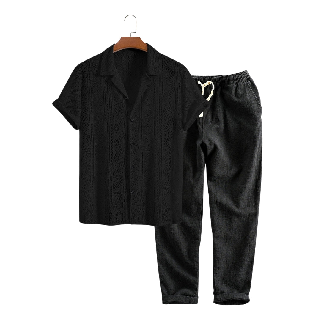 Bolendo Kurzarm-Hemd mit geometrischer Struktur und Leinen-Baumwoll-Hose für Herren