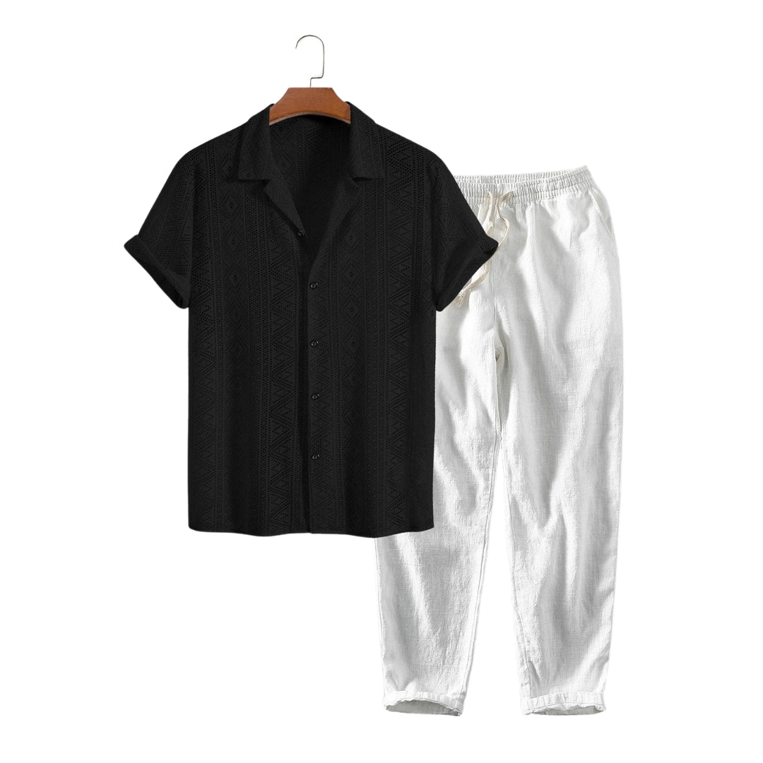 Bolendo Kurzarm-Hemd mit geometrischer Struktur und Leinen-Baumwoll-Hose für Herren