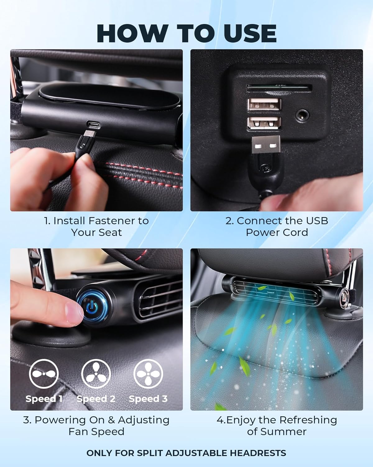 3 Geschwindigkeiten USB Auto Kühlventilator & Kopfstützenhalter – AutoBreeze 8