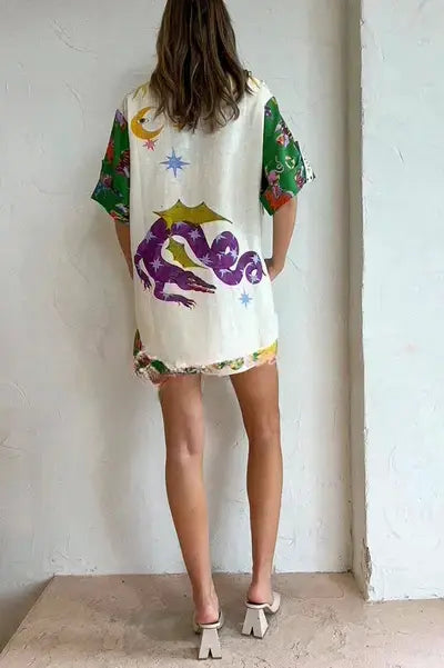 Stella - Bluse og shorts i hørblanding med unikt tryk og elastisk talje