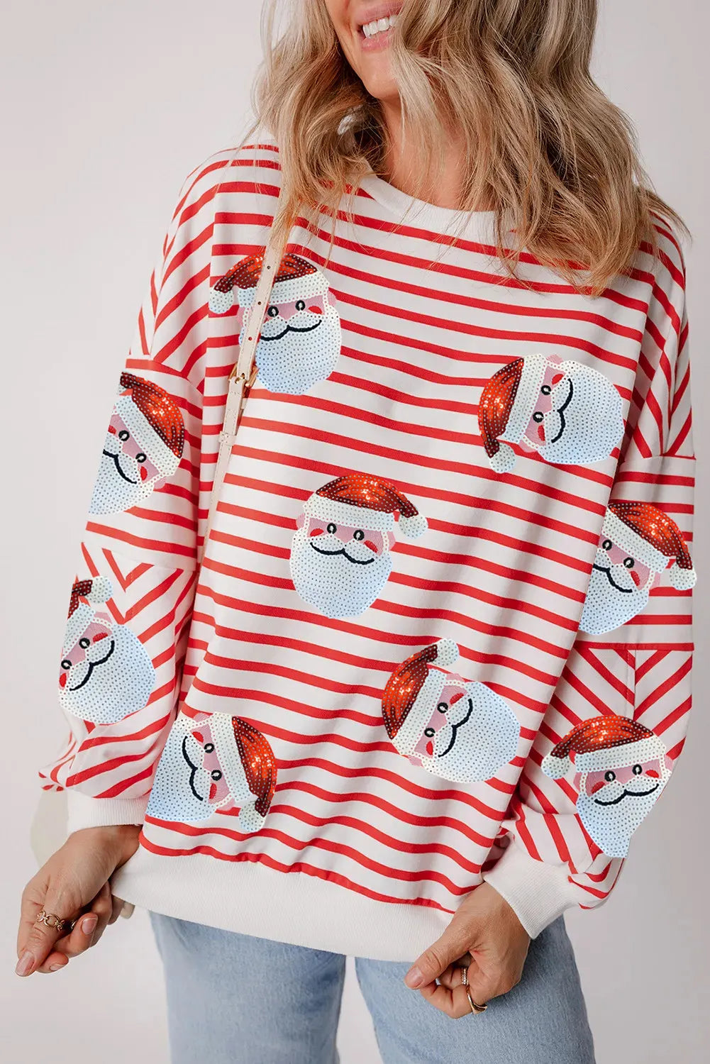 Stribet sweatshirt Santa med rund halsudskæring og lange ærmer - Festligt sweatshirt
