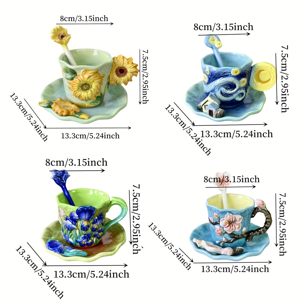 ArtSip Keramische Kop & Schotel Set – Handgeschilderd 3D Design geïnspireerd op Van Gogh Vestragear