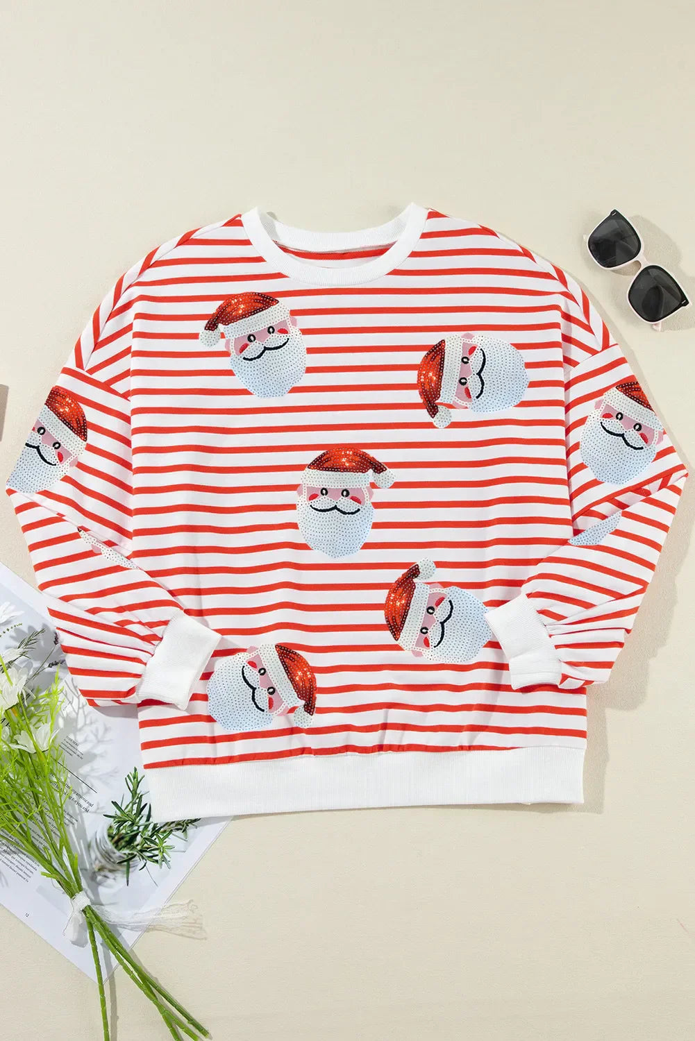 Stribet sweatshirt Santa med rund halsudskæring og lange ærmer - Festligt sweatshirt