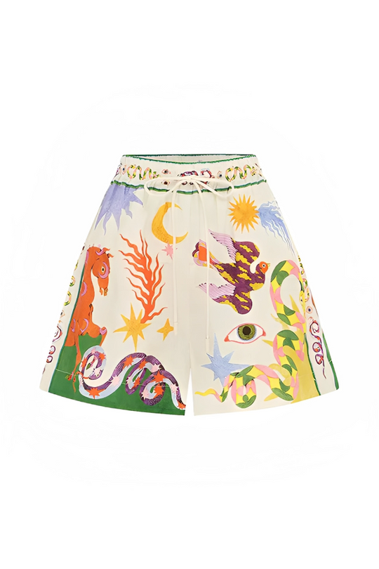 Stella - Bluse og shorts i hørblanding med unikt tryk og elastisk talje