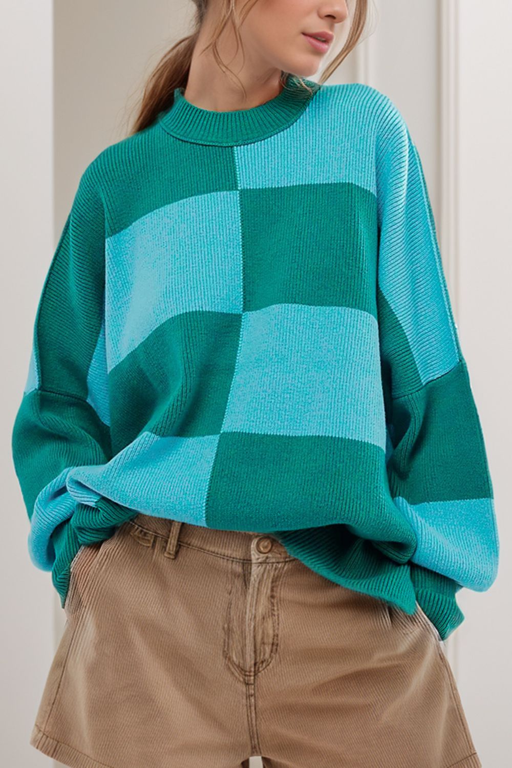 Farbblock-rundhals-pullover med lange ærmer - moderigtig pullover