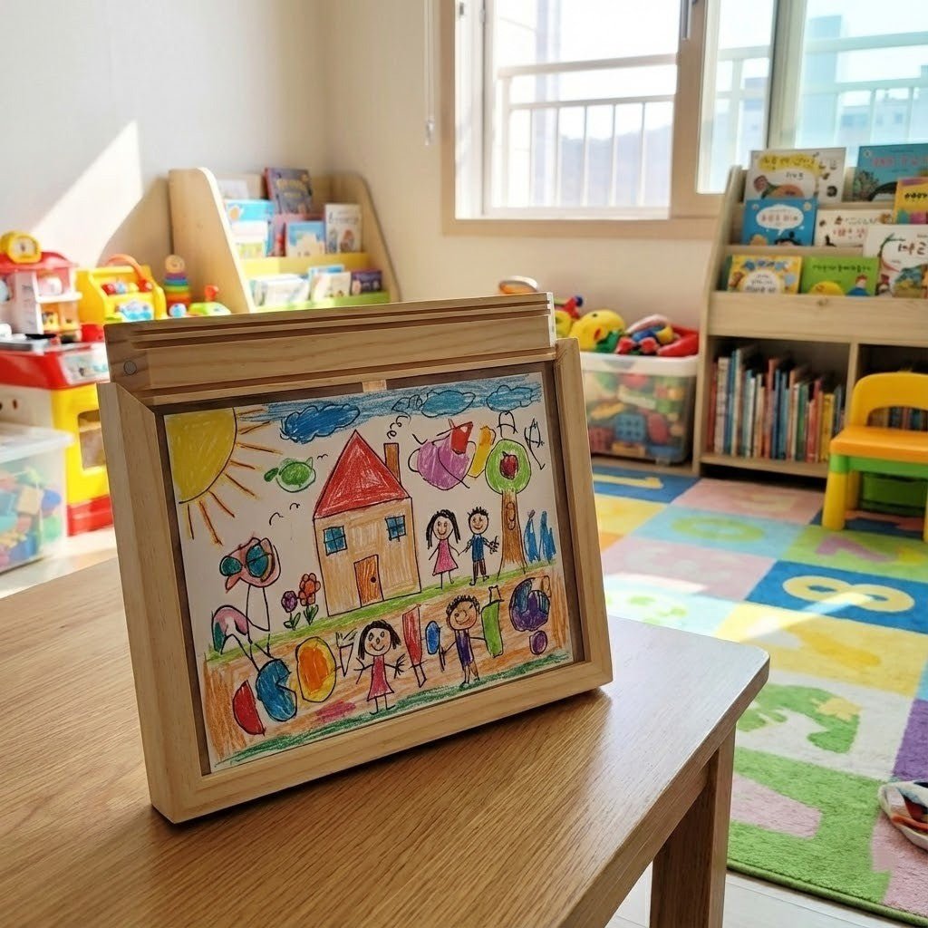 Bilderrahmen mit Stauraum – Holzoptik & Frontöffnung für Kinderzeichnungen