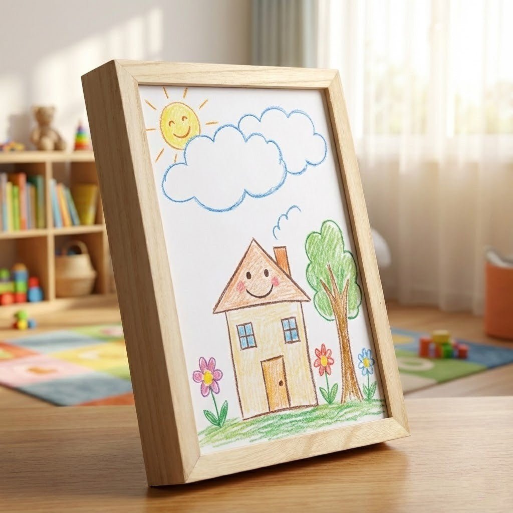 Bilderrahmen mit Stauraum – Holzoptik & Frontöffnung für Kinderzeichnu – Bolendo