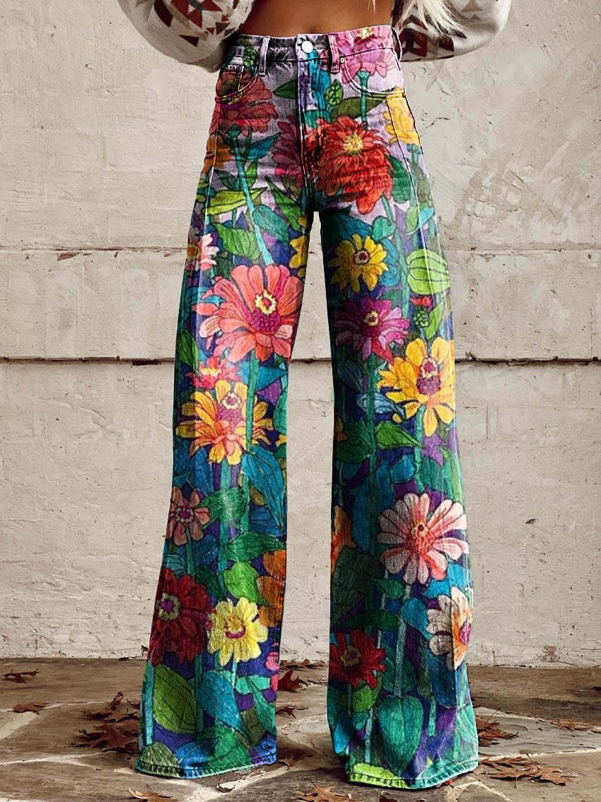 Vintage Wide Leg Bloemenbroek – Comfortabele Flared Damespants Vestragear