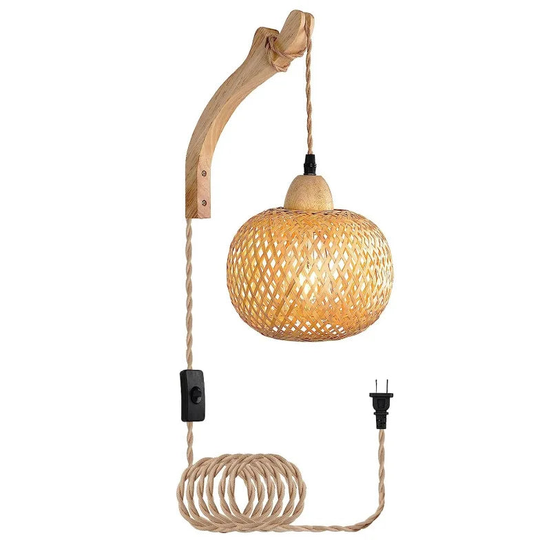 Applique da parete in bambù intrecciato a mano - Rattan naturale - Illuminazione LED Boho