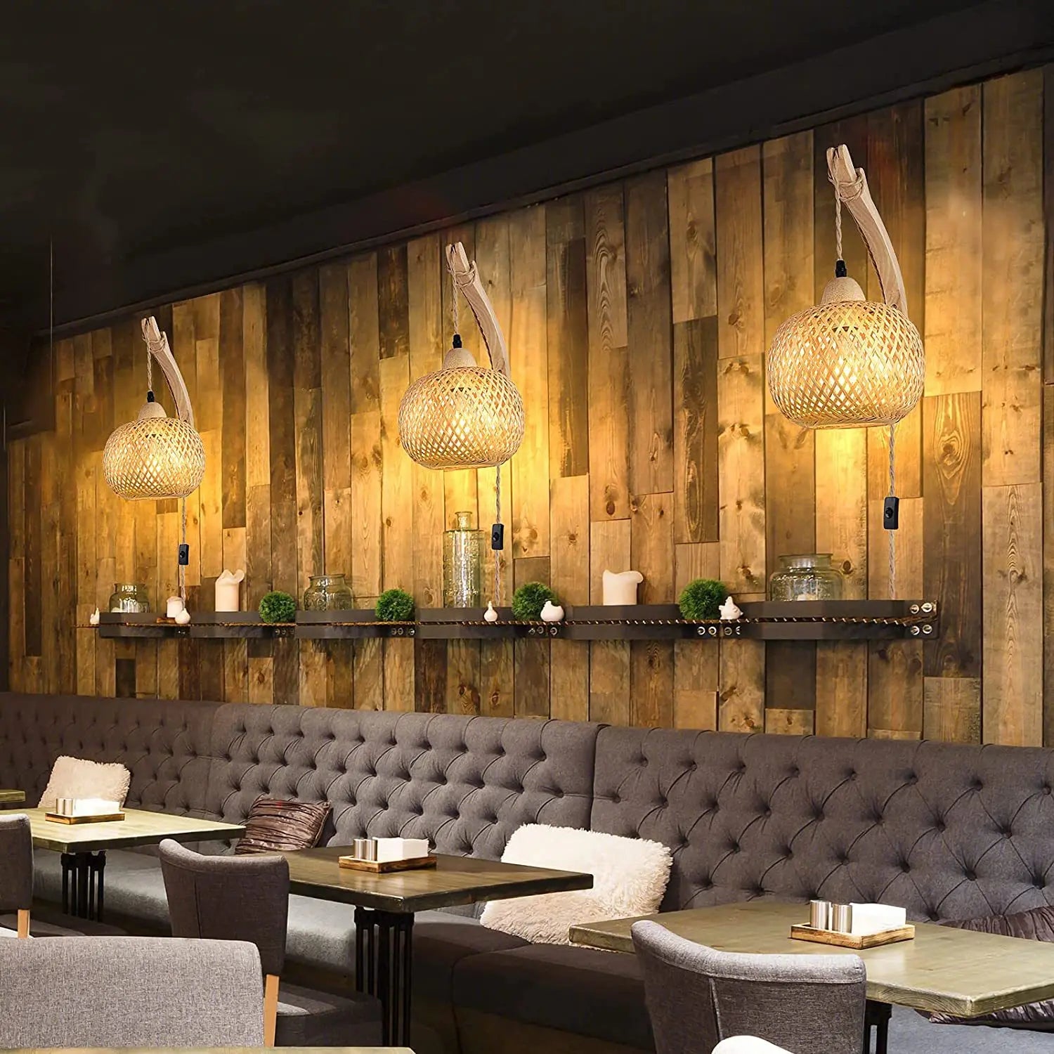 Applique da parete in bambù intrecciato a mano - Rattan naturale - Illuminazione LED Boho