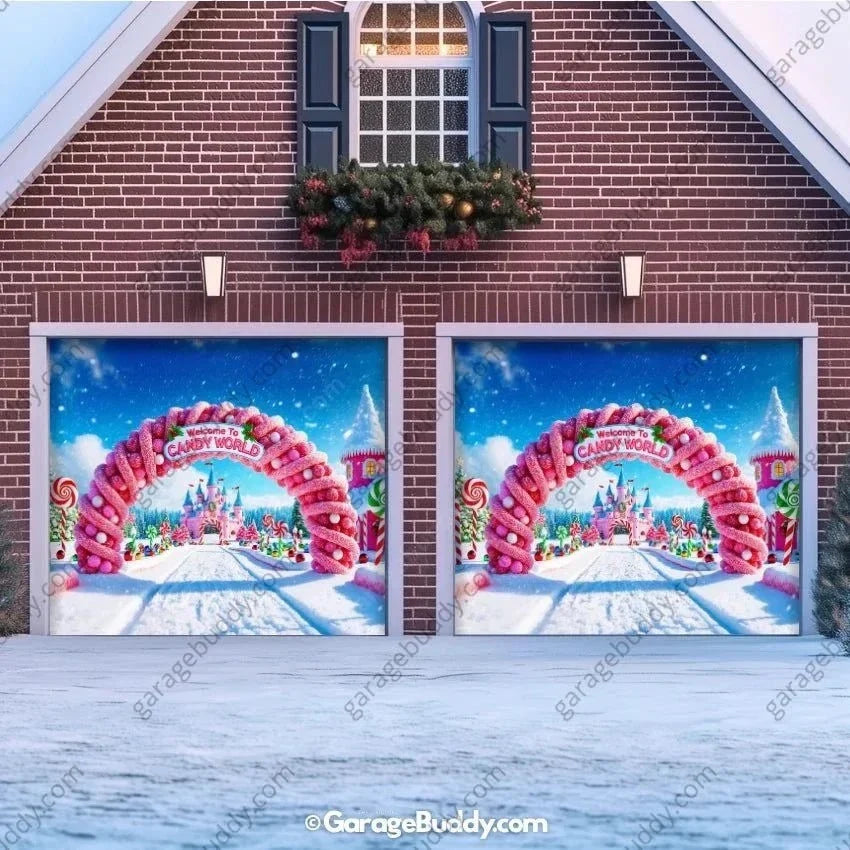 Candy World Christmas Garage Door Cover - Easy Installation, Festive Design for Holiday Decor 7