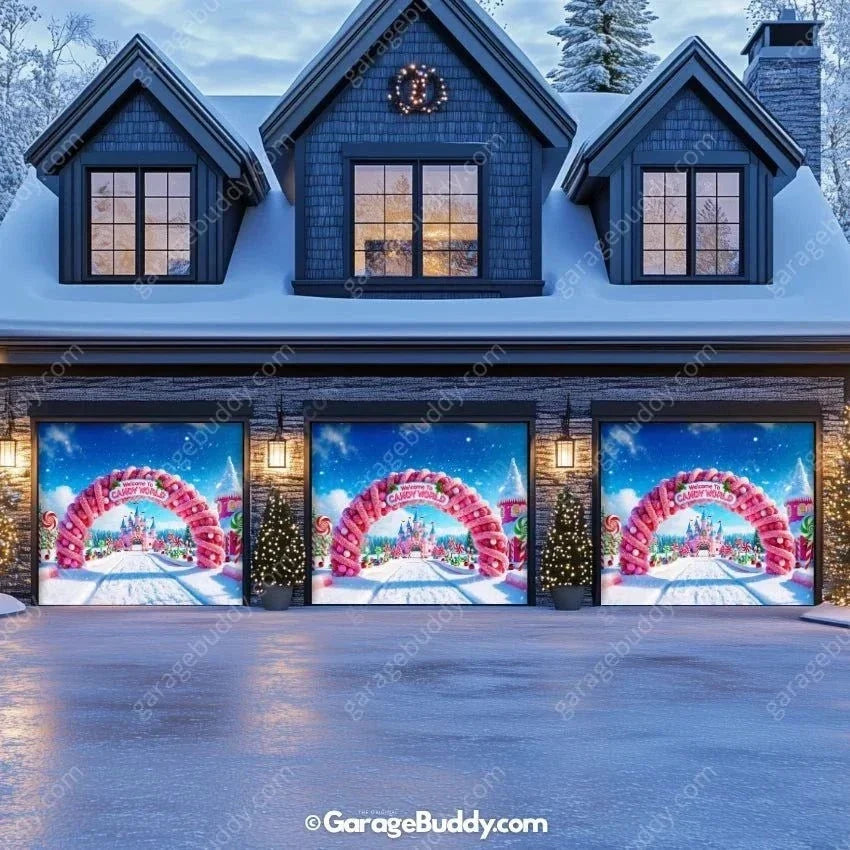 Candy World Christmas Garage Door Cover - Easy Installation, Festive Design for Holiday Decor 9