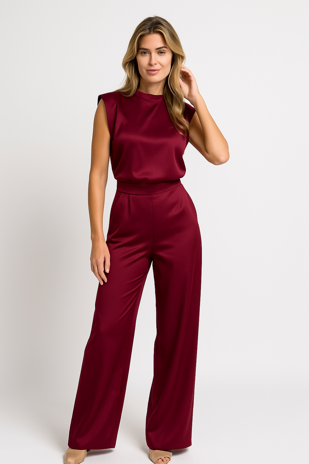Jumpsuit – Satinartige Stoffqualität, Ärmelloses Design & Weit Geschnittene Beine