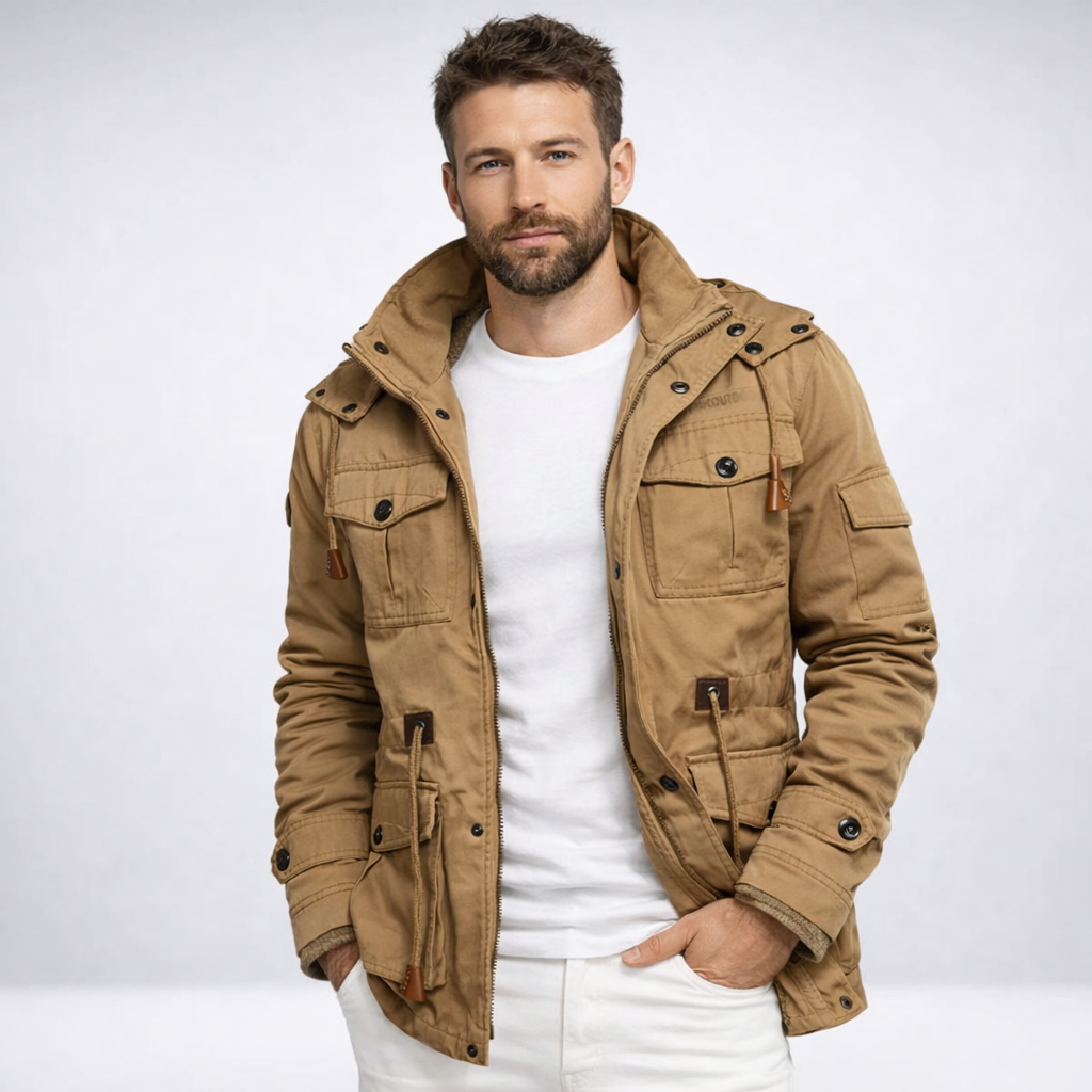 Pánská zimní bunda – teplá podšívka, stojáček a několik kapes pro každodenní nošení