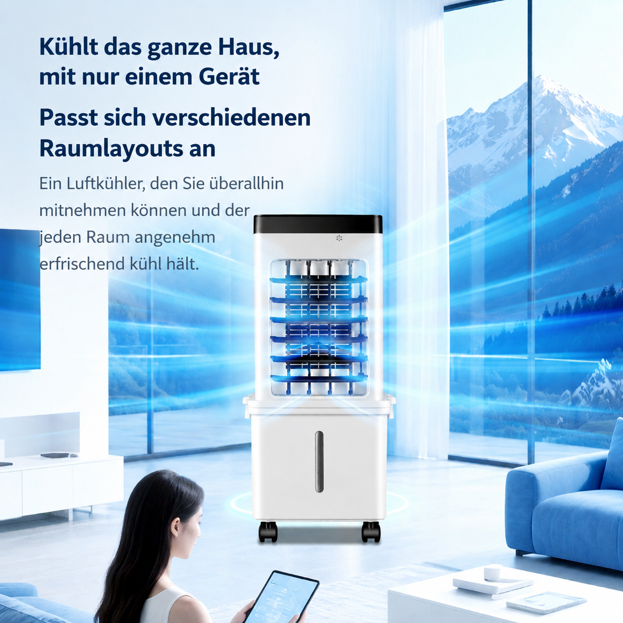 Climatiseur mobile – rafraîchisseur d’air sans fenêtre avec réservoir d’eau et roulettes