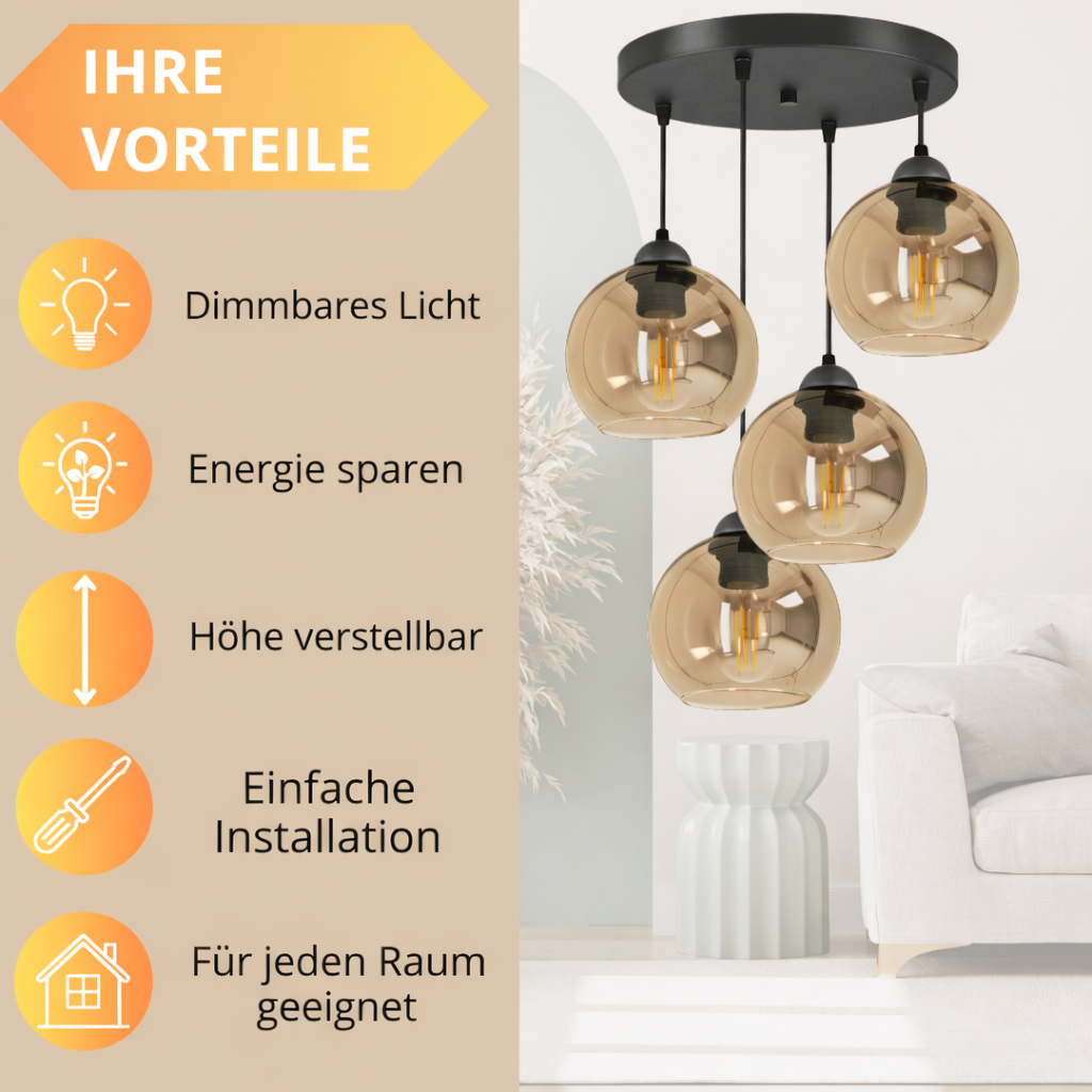 Lampada a sospensione industriale a 4 fiamme Amber – Luce calda e stile senza tempo