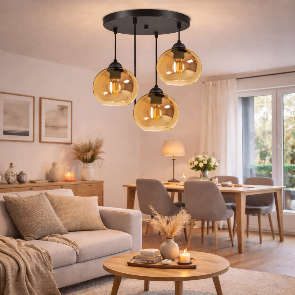 Lampada a sospensione industriale a 4 fiamme Amber – Luce calda e stile senza tempo