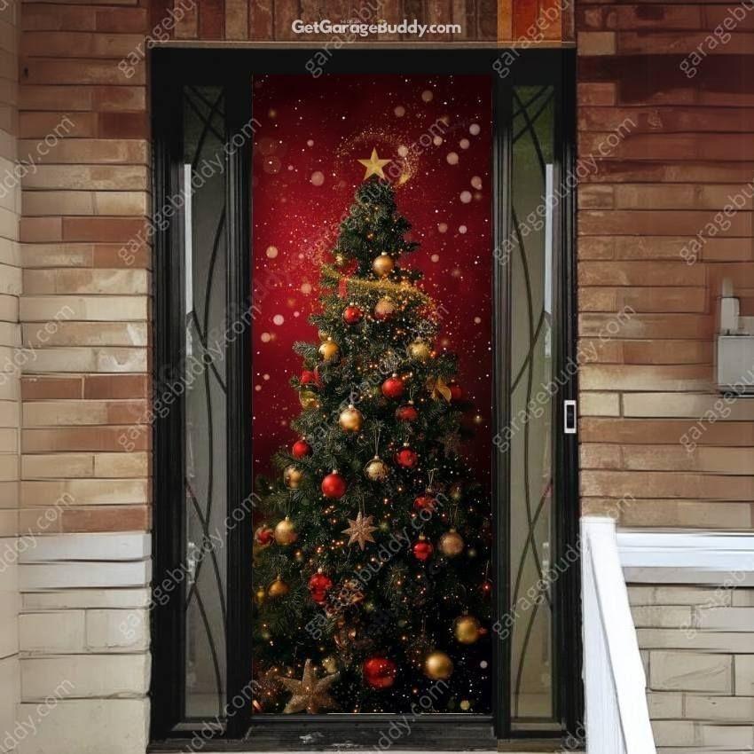 Christmas Door Cover - Stretch Fit Holiday Decoration with Tree Design 7