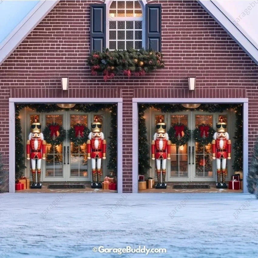 Christmas Garage Door Cover with Nutcracker Guards for Festive Outdoor Decor 7