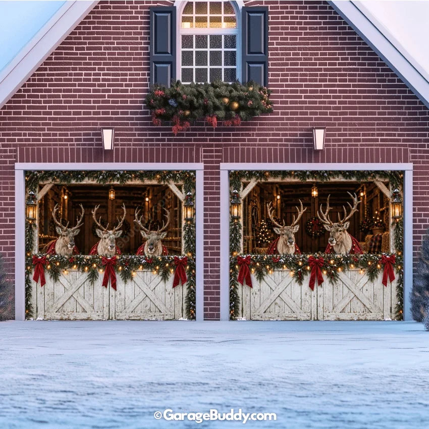 Christmas Garage Door Cover with Reindeer Barn Design and Festive Lights 12