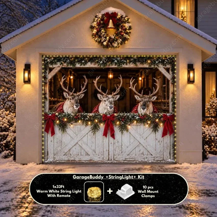 Christmas Garage Door Cover with Reindeer Barn Design and Festive Lights 8