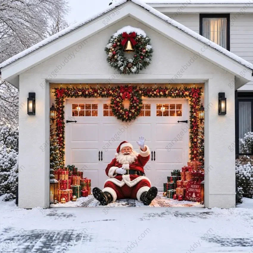 Christmas Garage Door Cover with Santa, Lights, Wreaths & Gifts - Holiday Decor 0