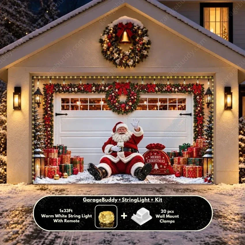 Christmas Garage Door Cover with Santa, Lights, Wreaths & Gifts - Holiday Decor 11