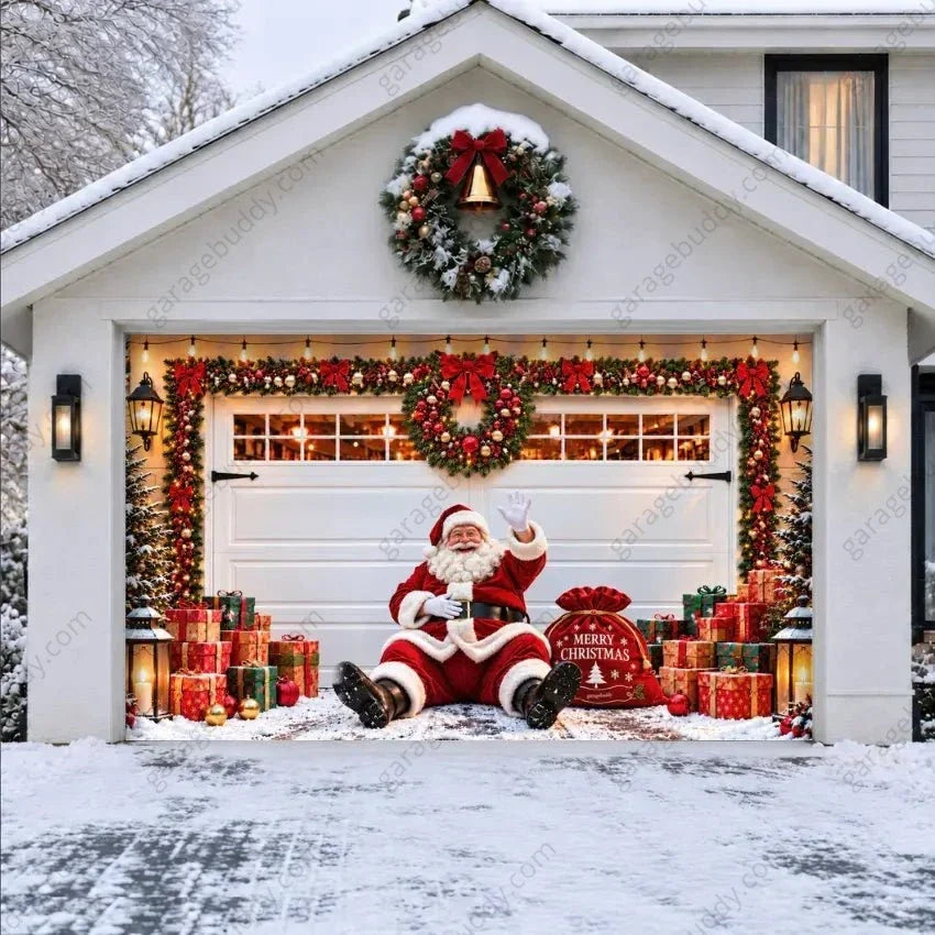 Christmas Garage Door Cover with Santa, Lights, Wreaths & Gifts - Holiday Decor 12