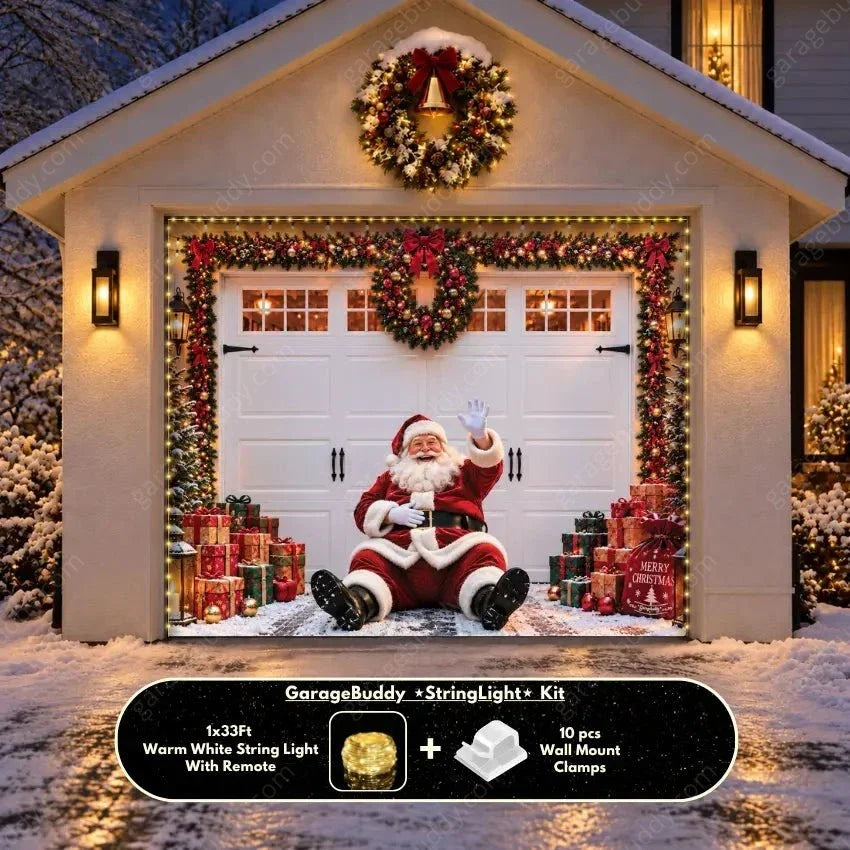 Christmas Garage Door Cover with Santa, Lights, Wreaths & Gifts - Holiday Decor 13