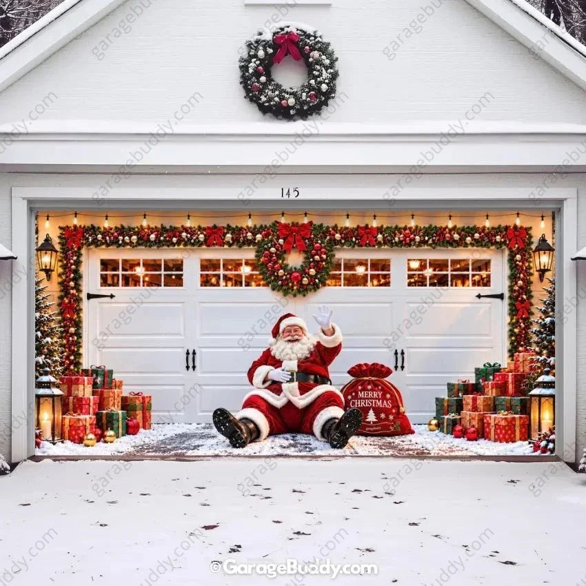 Christmas Garage Door Cover with Santa, Lights, Wreaths & Gifts - Holiday Decor 9