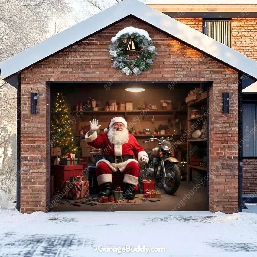 Christmas Garage Door Cover with Santa's Vintage Truck and Gifts for Holiday Decor 0