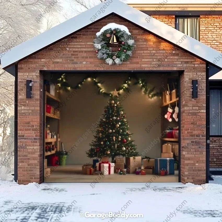Christmas Garage Door Cover with Tree and Stockings, Holiday Outdoor Decor 0