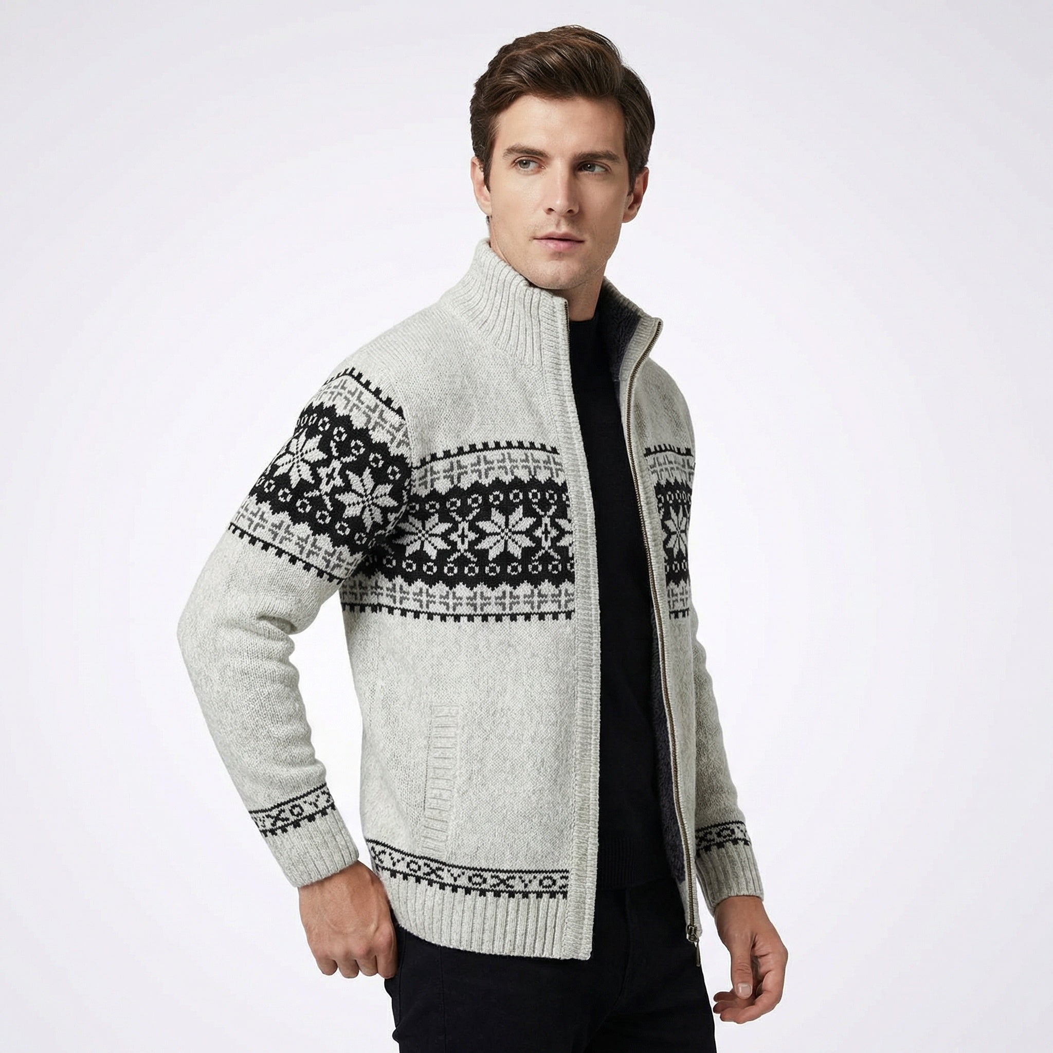 Strickjacke Herren – Nordisches Muster, Hoher Kragen & Reißverschluss