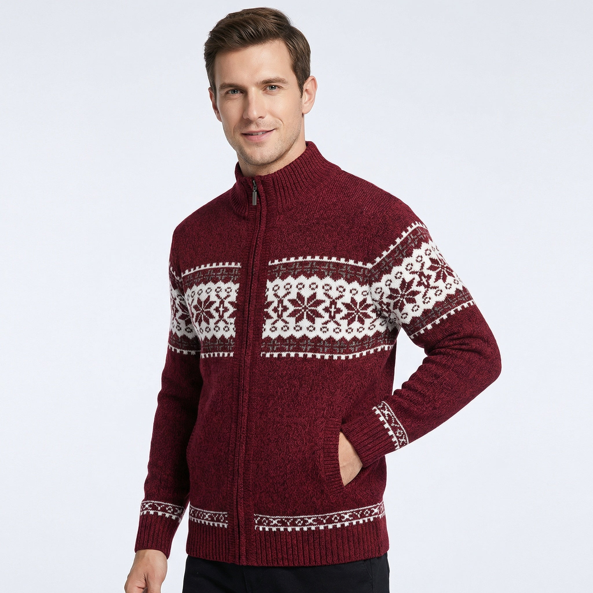 Strickjacke Herren – Nordisches Muster, Hoher Kragen & Reißverschluss