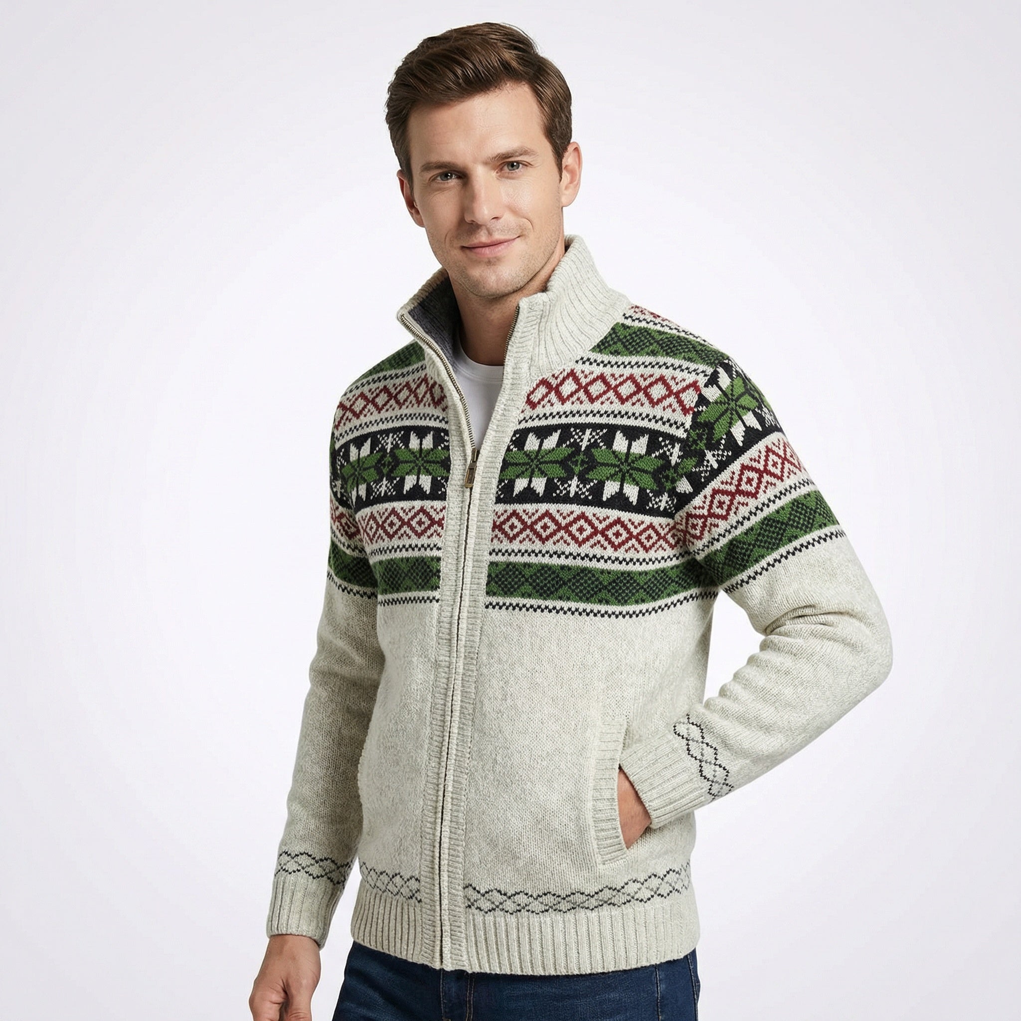 Strickjacke Herren – Nordisches Muster, Hoher Kragen & Reißverschluss