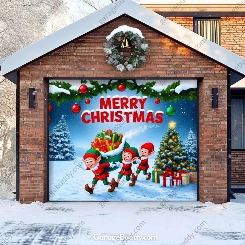 Elf Village Christmas Garage Door Cover – Festive Holiday Scene with Elves and Snowman 0