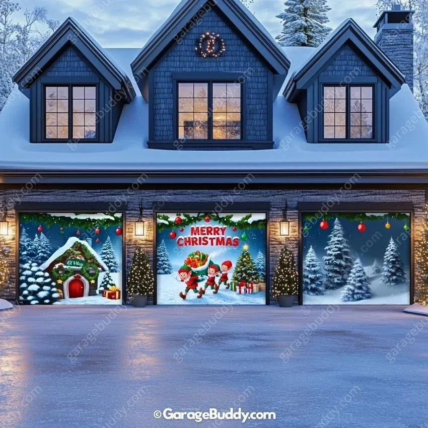 Elf Village Christmas Garage Door Cover – Festive Holiday Scene with Elves and Snowman 15