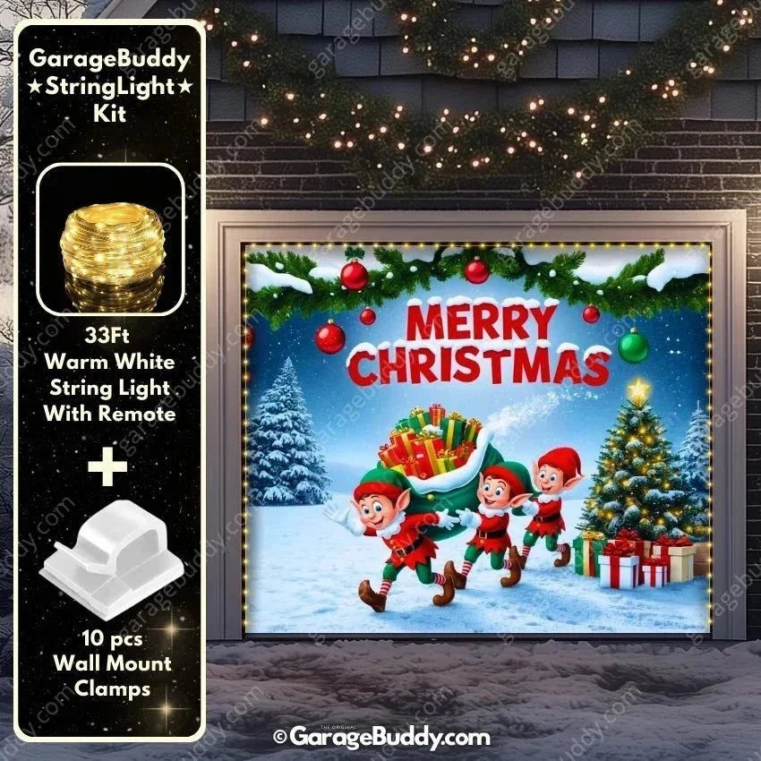 Elf Village Christmas Garage Door Cover – Festive Holiday Scene with Elves and Snowman 6
