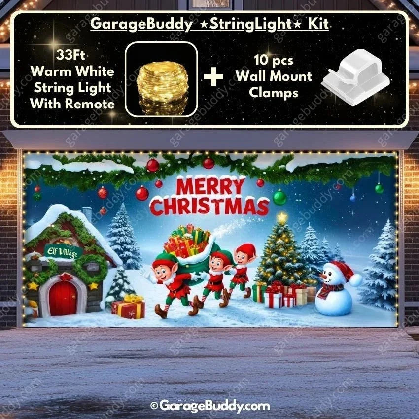 Elf Village Christmas Garage Door Cover – Festive Holiday Scene with Elves and Snowman 9