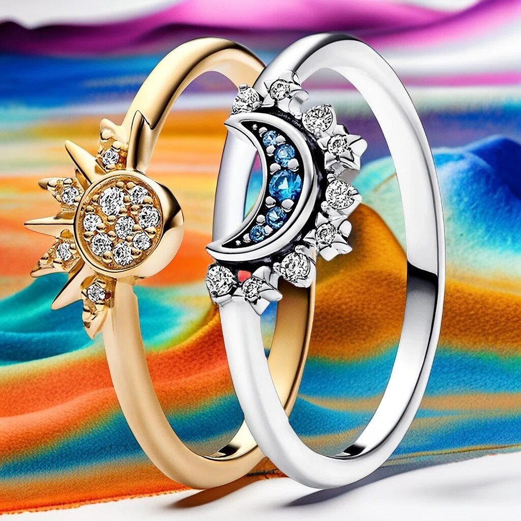 Bague scintillante lune-soleil en argent 925 avec cristal