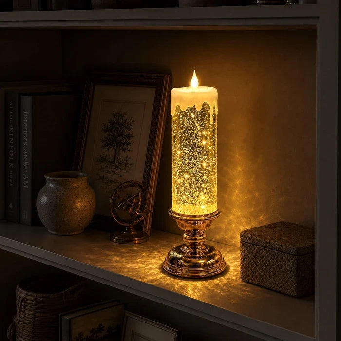 Glitzerkerze mit LED – wirbelnder Glitter und warmer Schein in drei Farben