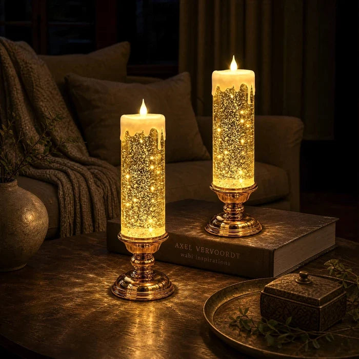 Glitzerkerze mit LED – wirbelnder Glitter und warmer Schein in drei Farben
