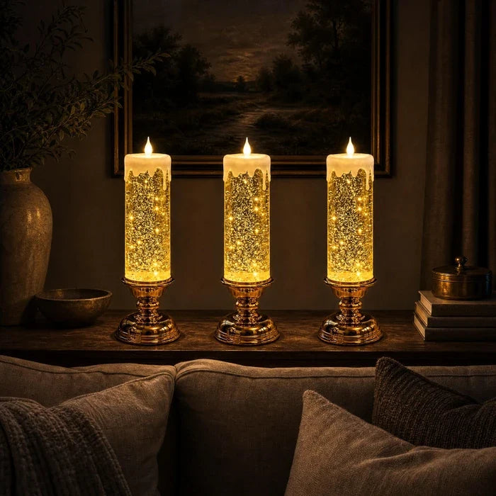 Glitzerkerze mit LED – wirbelnder Glitter und warmer Schein in drei Farben