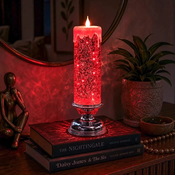 Glitzerkerze mit LED – wirbelnder Glitter und warmer Schein in drei Farben